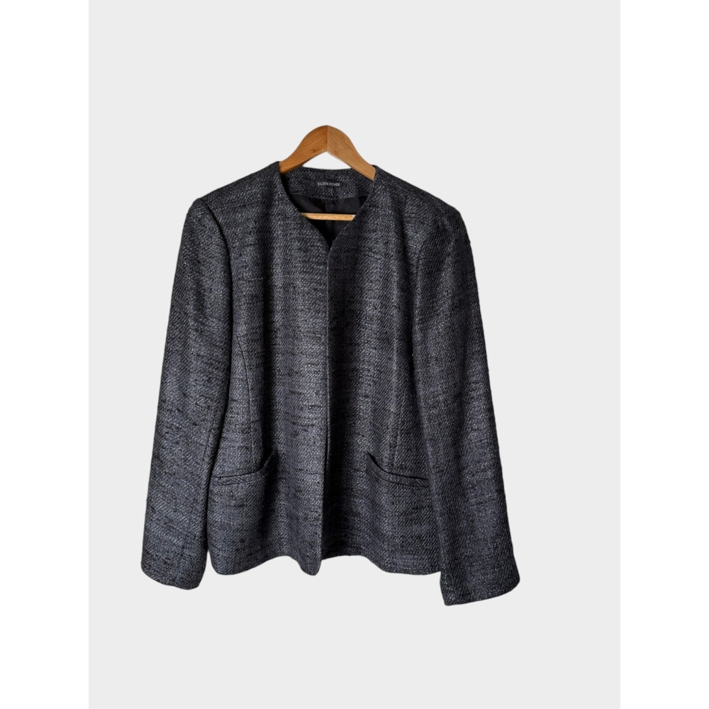 Eileen Fisher Tweed Open Front Blazer Jacket Charcoal Grey
